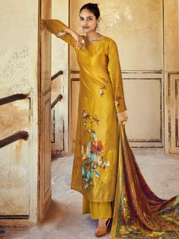 Stylee LIFESTYLE - Yellow Velvet Digital Floral Printed Dress Material (Set of 3)