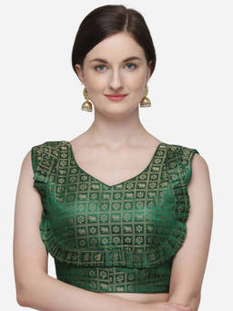 Amrutam Fab - Womens Printed Green Jacquard Stiched Blouse With V Neck