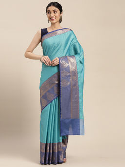 Banarasi Silk Works - Blue Resham Zari Pattu Border Art Saree with Unstitched Blouse
