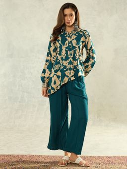 InWeave - Women Blue Rayon Mandarin Neck Top with Pant