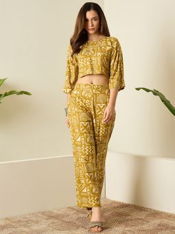 InWeave - Women Yellow Rayon Round Neck Top with Pant