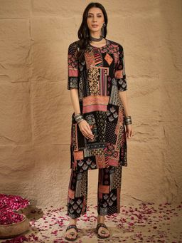 InWeave - Women Black Rayon Round Neck Kurta with Pant