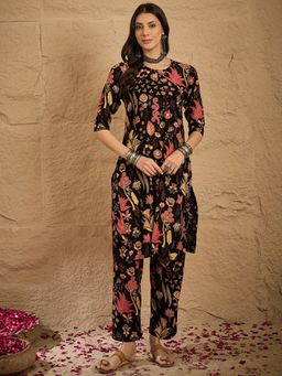 InWeave - Women Black Rayon Round Neck Kurta with Pant