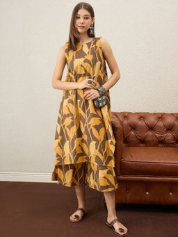 InWeave - Women Brown Cotton Round Neck Kurta with Palazzo