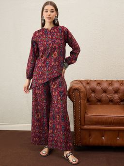 InWeave - Women Maroon Rayon Mandarin Neck Top with Pant