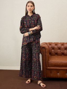InWeave - Women Black Rayon Mandarin Neck Top with Palazzo