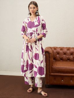 InWeave - Women Mauve Cotton V-Neck Kurta with Pant