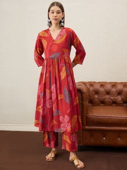 InWeave - Women Rust Rayon V-Neck Kurta with Pant
