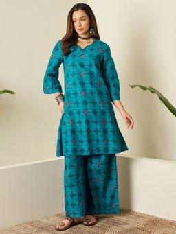 InWeave - Women Blue Cotton Round Neck Kurta with Palazzo