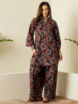 InWeave - Women Black Cotton Mandarin Neck Kurta with Palazzo