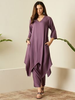 InWeave - Women Purple Rayon V-Neck Kurta with Palazzo