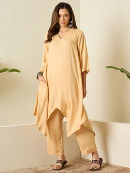 InWeave - Women Beige Rayon V-Neck Kurta with Palazzo