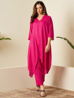 InWeave - Women Pink Rayon V-Neck Kurta with Pant