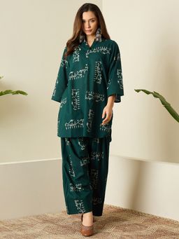 InWeave - Women Green Cotton Mandarin Neck Kurta with Palazzo