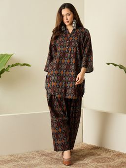 InWeave - Women Black Cotton Mandarin Neck Kurta with Palazzo