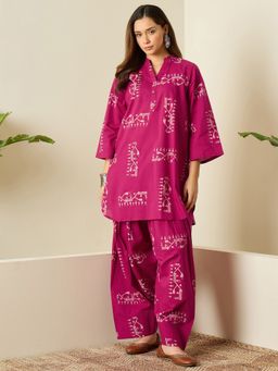 InWeave - Women Pink Cotton Mandarin Neck Kurta with Palazzo