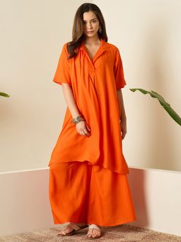 InWeave - Women Orange Rayon V-Neck Kurta with Palazzo