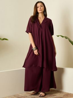 InWeave - Women Wine Rayon V-Neck Kurta with Palazzo