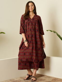 InWeave - Women Rust Cotton V-Neck Kurta with Pant