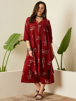 InWeave - Women Rust Cotton V-Neck Kurta with Pant