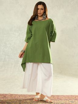 InWeave - Women Green Cotton Boat Neck Kurta with Palazzo