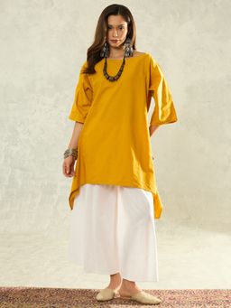 InWeave - Women Yellow Cotton Boat Neck Kurta with Palazzo