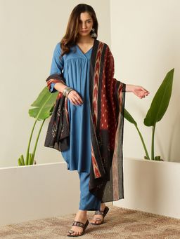 InWeave - Women Blue Rayon V-Neck Kurta with Pant and Dupatta
