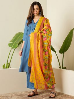 InWeave - Women Blue Rayon V-Neck Kurta with Pant and Dupatta