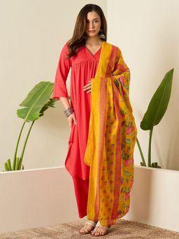 InWeave - Women Red Rayon V-Neck Kurta with Pant and Dupatta