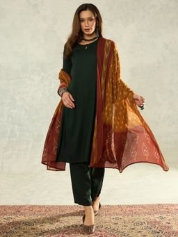 InWeave - Women Green Rayon Keyhole Neck Kurta with Pant and Dupatta