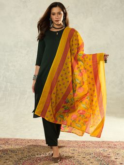 InWeave - Women Green Rayon Keyhole Neck Kurta with Pant and Dupatta