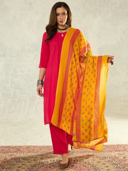 InWeave - Women Pink Rayon Keyhole Neck Kurta with Pant and Dupatta