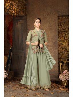 Miss Ethnik - Women Green Georgette High Neck Top, Palazzo and Dupatta with Jacket