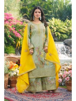 Miss Ethnik - Women Green Silk Blend Round Neck Kurta with Palazzo and Dupatta