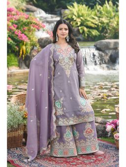 Miss Ethnik - Women Purple Silk Blend V-Neck Top with Palazzo and Dupatta