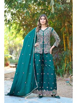 Miss Ethnik - Women Green Chinon V-Neck Top with Palazzo and Dupatta