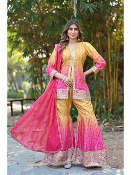 Miss Ethnik - Women Pink Chinon V-Neck Top with Sharara and Dupatta