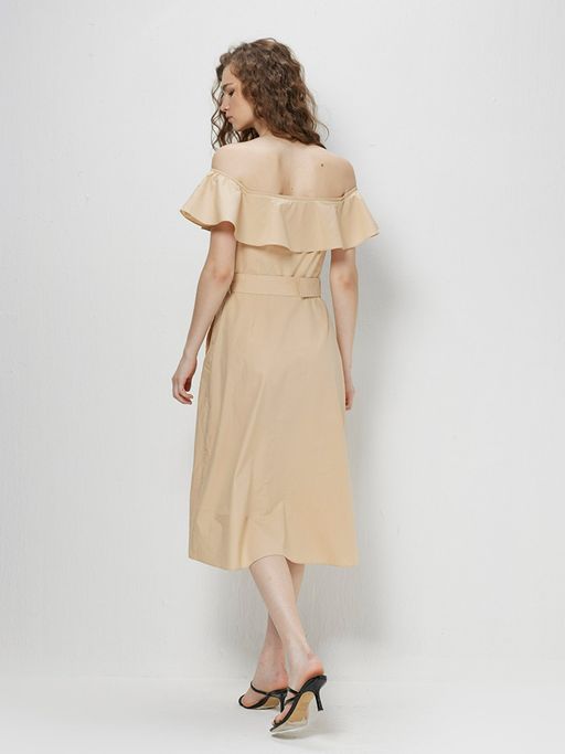 knee length dresses for ladies Evita Off-Shoulder Midi Dress (Beige) – Deseo