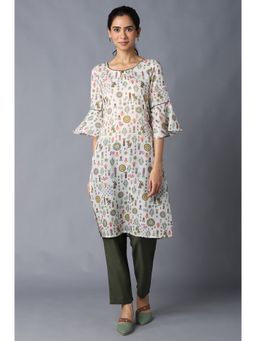 Aurelia - White Floral Print Kurta with Olive Trousers (Set of 2)