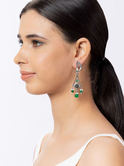 Niscka - Silver Oxidized Earrings with Green and Pearl Beads