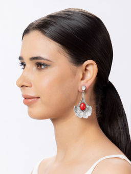 Niscka - Silver Oxidized Fancy Floral Earrings with Red Stone