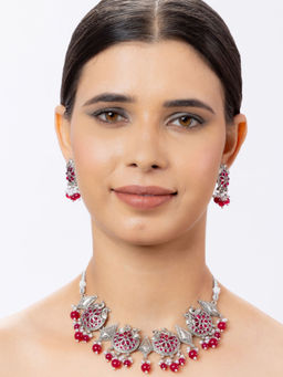 Niscka - Silver Plated Antique Kundan Oxidized Necklace with Earrings (Set of 2)