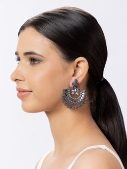 Niscka - Silver Plated Laxmi Chandbali Earrings with Mirror Work