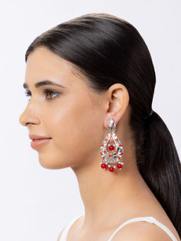 Niscka - Silver Plated Red Stone Meenakari Earrings with Mirror Work