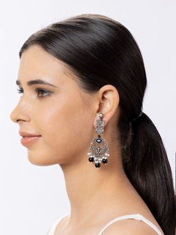 Niscka - Long Silver Oxidised Earrings with Black Colour Stone