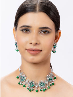 Niscka - Silver Oxidised Green Stone Choker Necklace with Earrings (Set of 2)