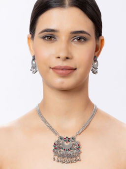 Niscka - Vintage Long Silver Oxidized Necklace with Earrings (Set of 2)