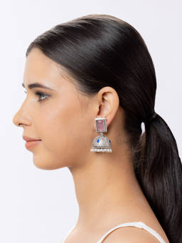 Niscka - Silver Oxidised Pink Stone Jhumki Earrings
