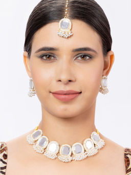 Niscka - Exquisite Polki Choker Necklace with Earrings & Maang Tikka For Women (Set of 3)