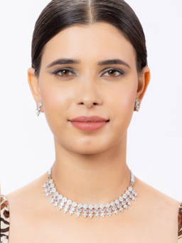 Niscka - Silver Plated American Diamond (AD) Choker with Earrings (Set of 2)